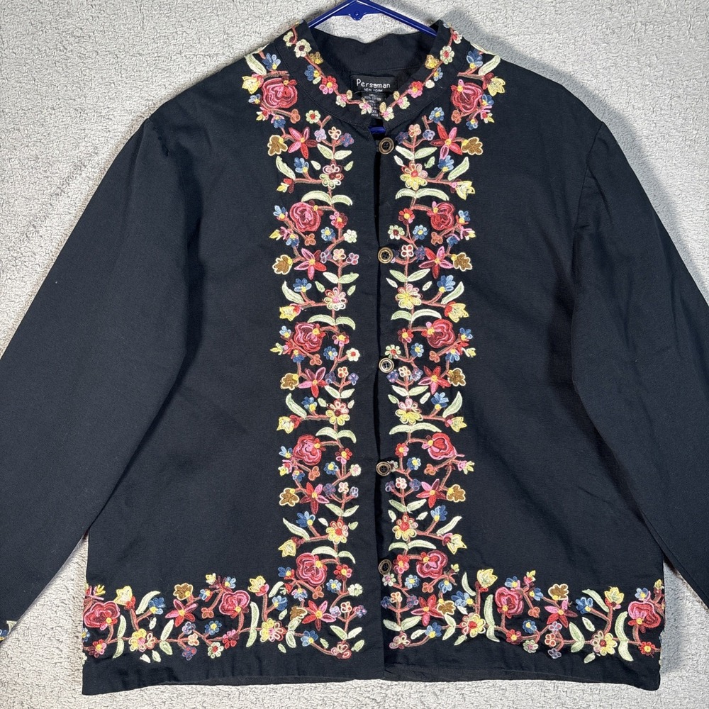 Persaman New York Womens XL Black Cotton Floral Embroidered Mandarin Jacket